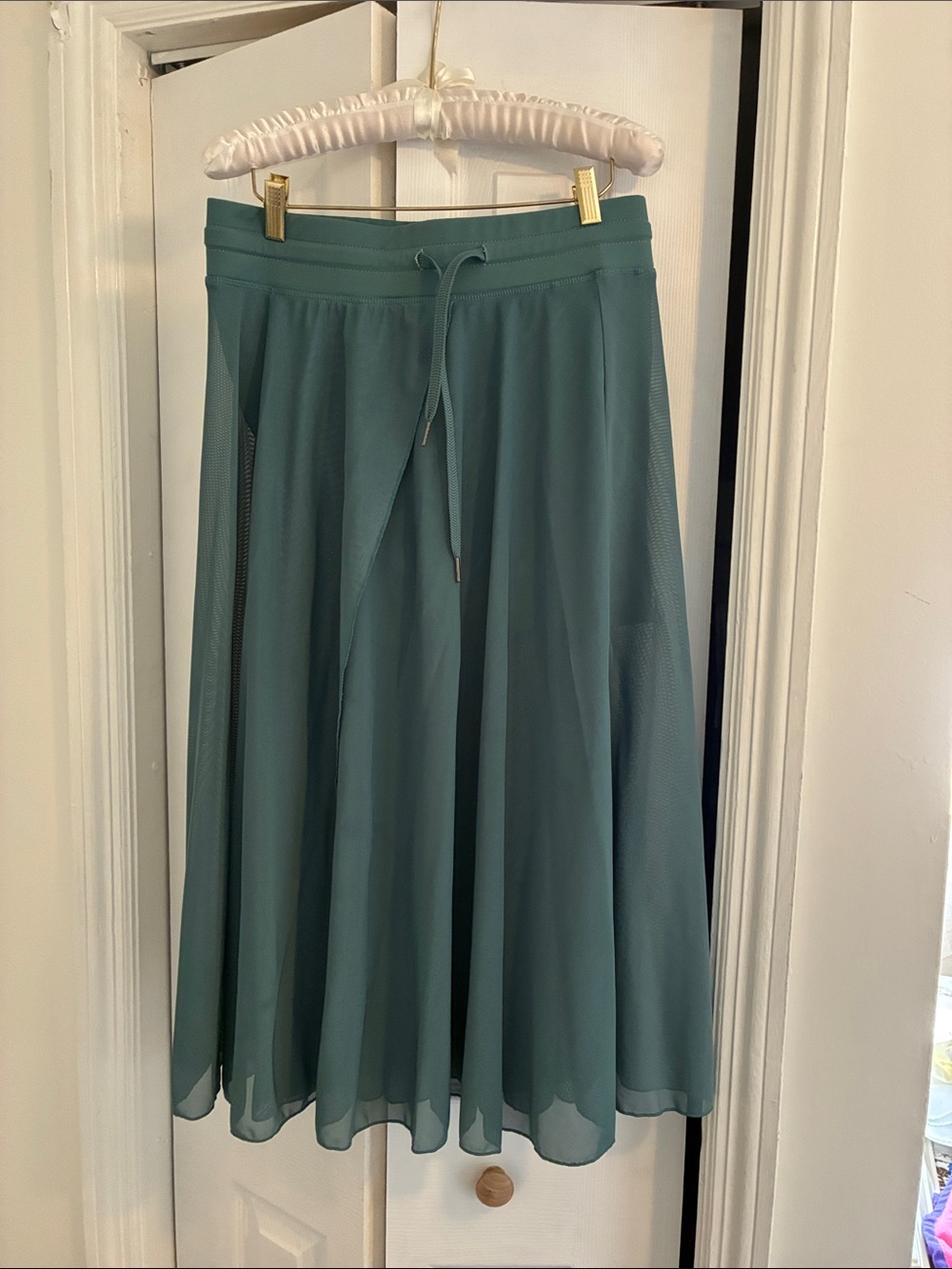 HALARA Teal Green Flowing A-Line Midi Skirt with Drawstring Waist